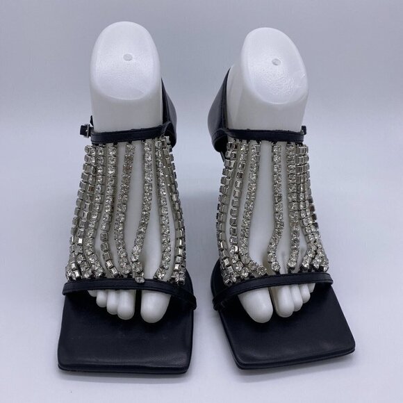 Zara 2020 Cruise Sandals 39 Sparkly Rhinestone Black Leather Square Toe Heels - Picture 15 of 16
